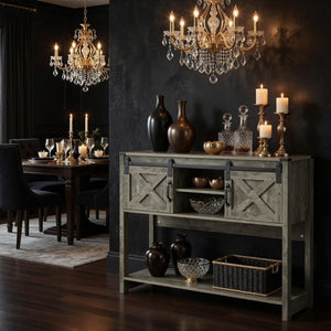 English Elm 46" Farmhouse Console Table Herringbone Barn Door Foyer Storage Organizer Light Grey B082P514959