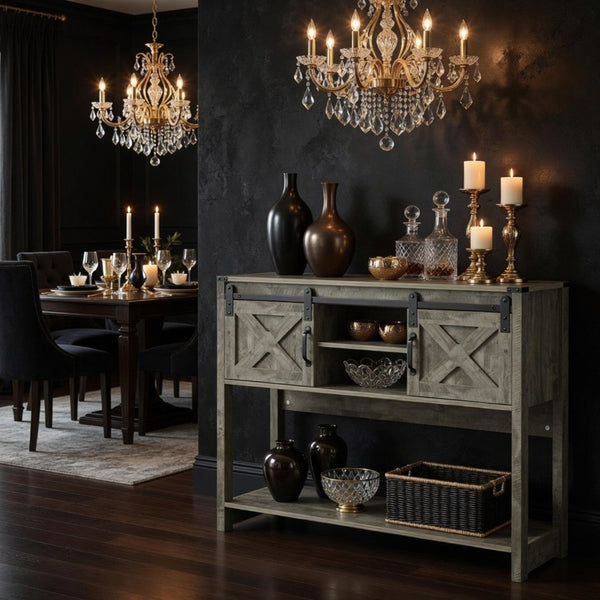 English Elm 46" Farmhouse Console Table Herringbone Barn Door Foyer Storage Organizer Light Grey B082P514959