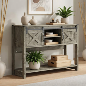 English Elm 46" Farmhouse Console Table Herringbone Barn Door Foyer Storage Organizer Light Grey B082P514959