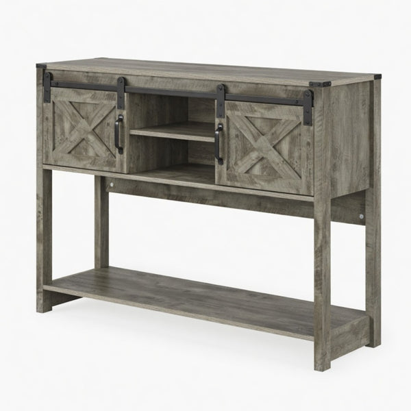 English Elm 46" Farmhouse Console Table Herringbone Barn Door Foyer Storage Organizer Light Grey B082P514959