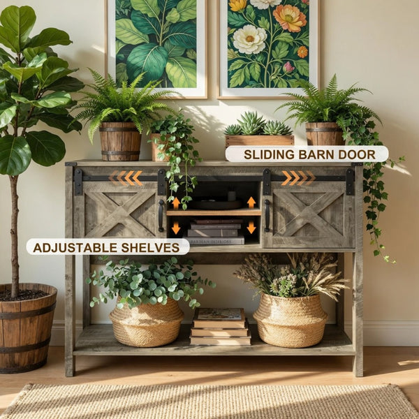 English Elm 46" Farmhouse Console Table Herringbone Barn Door Foyer Storage Organizer Light Grey B082P514959