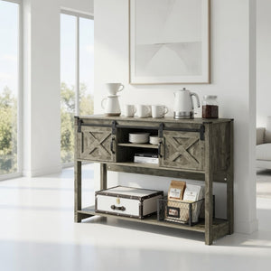 English Elm 46" Farmhouse Console Table Herringbone Barn Door Foyer Storage Organizer Light Grey B082P514959