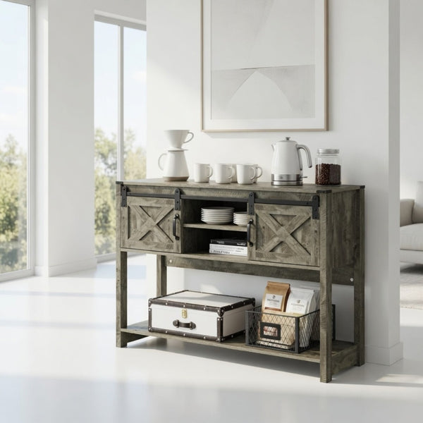 English Elm 46" Farmhouse Console Table Herringbone Barn Door Foyer Storage Organizer Light Grey B082P514959