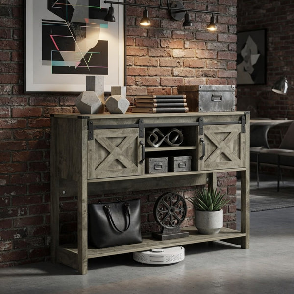 English Elm 46" Farmhouse Console Table Herringbone Barn Door Foyer Storage Organizer Light Grey B082P514959