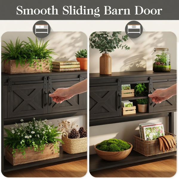 English Elm 46" Farmhouse Console Table Herringbone Barn Door Foyer Storage Organizer Dark Grey B082P514960