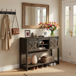 English Elm 46" Farmhouse Console Table Herringbone Barn Door Foyer Storage Organizer Dark Grey B082P514960