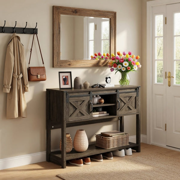 English Elm 46" Farmhouse Console Table Herringbone Barn Door Foyer Storage Organizer Dark Grey B082P514960