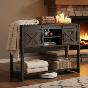 English Elm 46" Farmhouse Console Table Herringbone Barn Door Foyer Storage Organizer Dark Grey B082P514960