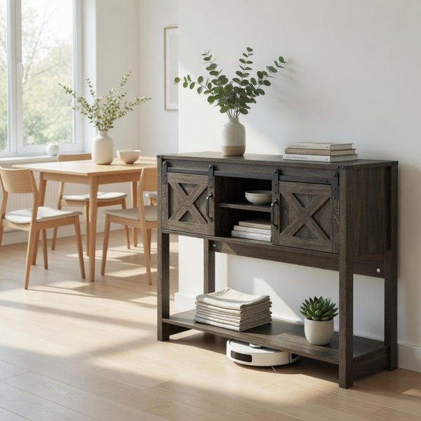 English Elm 46" Farmhouse Console Table Herringbone Barn Door Foyer Storage Organizer Dark Grey B082P514960
