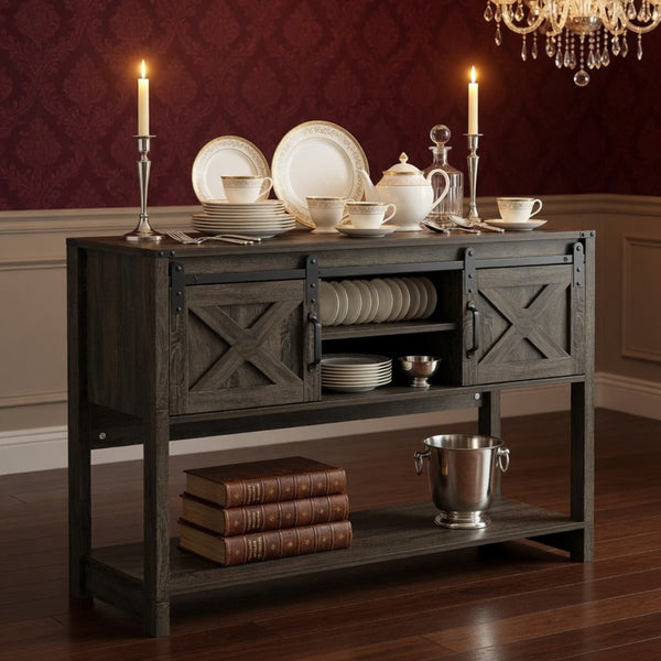 English Elm 46" Farmhouse Console Table Herringbone Barn Door Foyer Storage Organizer Dark Grey B082P514960