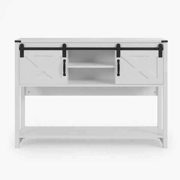 English Elm 46" Farmhouse Console Table Herringbone Barn Door Storage Entryway Organizer White B082P514961