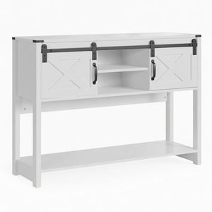English Elm 46" Farmhouse Console Table Herringbone Barn Door Storage Entryway Organizer White B082P514961