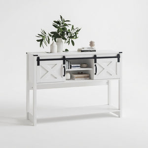 English Elm 46" Farmhouse Console Table Herringbone Barn Door Storage Entryway Organizer White B082P514961