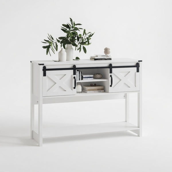 English Elm 46" Farmhouse Console Table Herringbone Barn Door Storage Entryway Organizer White B082P514961