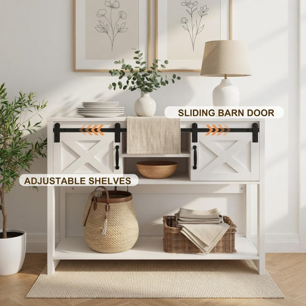 English Elm 46" Farmhouse Console Table Herringbone Barn Door Storage Entryway Organizer White B082P514961