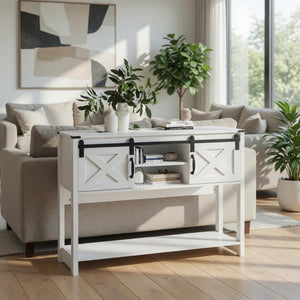 English Elm 46" Farmhouse Console Table Herringbone Barn Door Storage Entryway Organizer White B082P514961