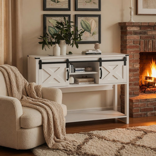 English Elm 46" Farmhouse Console Table Herringbone Barn Door Storage Entryway Organizer White B082P514961