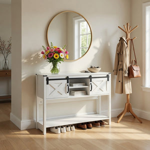 English Elm 46" Farmhouse Console Table Herringbone Barn Door Storage Entryway Organizer White B082P514961