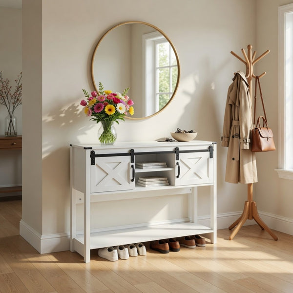 English Elm 46" Farmhouse Console Table Herringbone Barn Door Storage Entryway Organizer White B082P514961