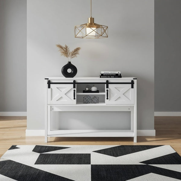 English Elm 46" Farmhouse Console Table Herringbone Barn Door Storage Entryway Organizer White B082P514961
