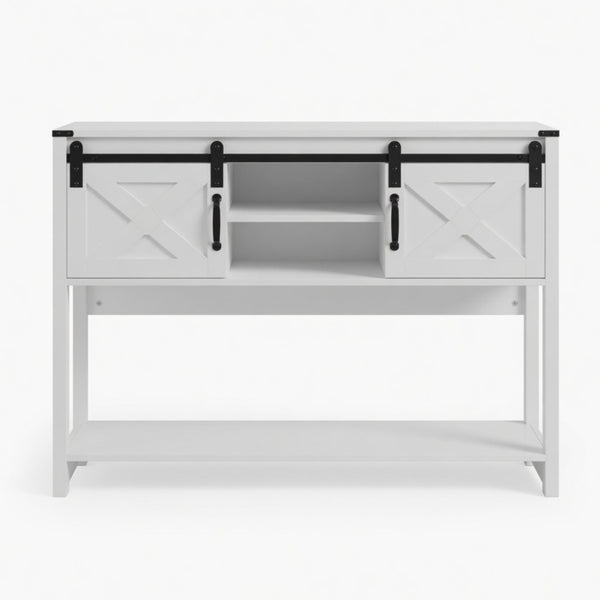 English Elm 46" Farmhouse Console Table Herringbone Barn Door Storage Entryway Organizer White B082P514961
