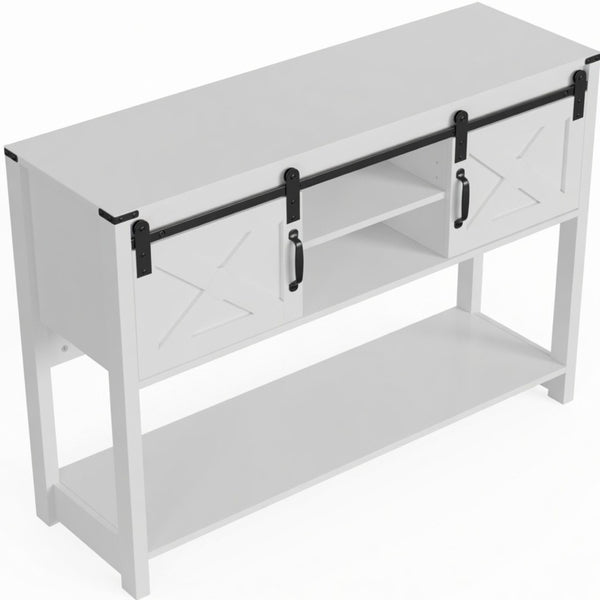 English Elm 46" Farmhouse Console Table Herringbone Barn Door Storage Entryway Organizer White B082P514961