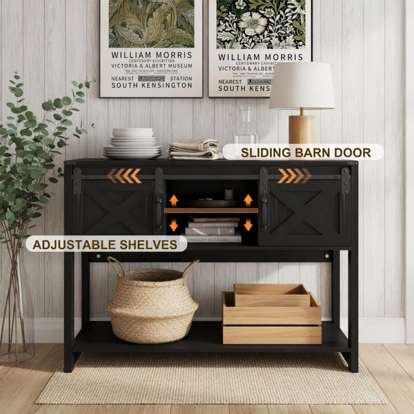 English Elm 46" Farmhouse Console Table Herringbone Barn Door Foyer Storage Organizer Black B082P514962