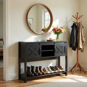 English Elm 46" Farmhouse Console Table Herringbone Barn Door Foyer Storage Organizer Black B082P514962