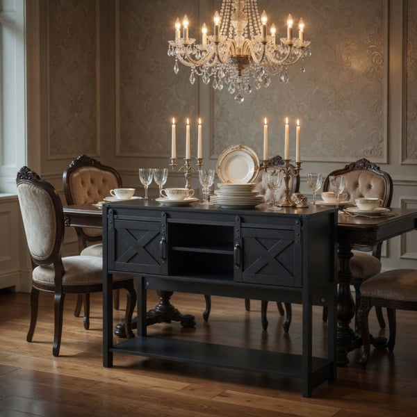 English Elm 46" Farmhouse Console Table Herringbone Barn Door Foyer Storage Organizer Black B082P514962
