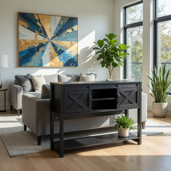 English Elm 46" Farmhouse Console Table Herringbone Barn Door Foyer Storage Organizer Black B082P514962