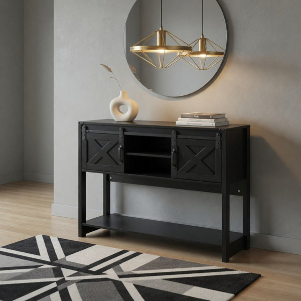 English Elm 46" Farmhouse Console Table Herringbone Barn Door Foyer Storage Organizer Black B082P514962