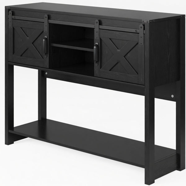 English Elm 46" Farmhouse Console Table Herringbone Barn Door Foyer Storage Organizer Black B082P514962