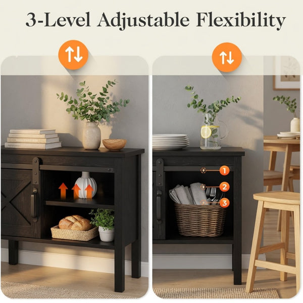 English Elm 46" Farmhouse Console Table Herringbone Barn Door Foyer Storage Organizer Black B082P514962