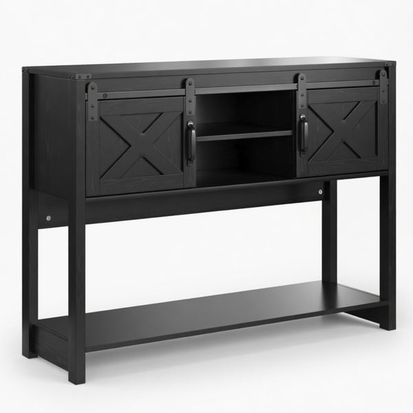 English Elm 46" Farmhouse Console Table Herringbone Barn Door Foyer Storage Organizer Black B082P514962