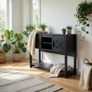 English Elm 46" Farmhouse Console Table Herringbone Barn Door Foyer Storage Organizer Black B082P514962