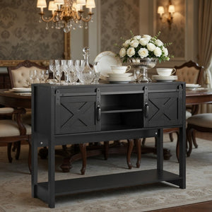 English Elm 46" Farmhouse Console Table Herringbone Barn Door Foyer Storage Organizer Black B082P514962
