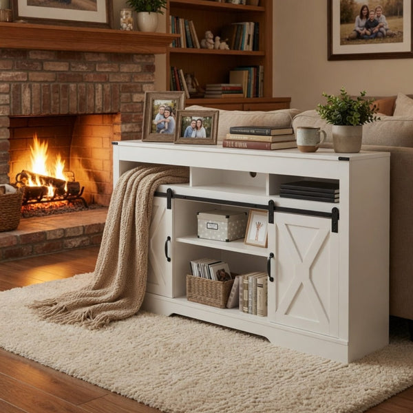 English Elm 58 Inch Farmhouse TV Stand with Rustic Sliding Barn Doors Adjustable Shelving Storage B082P514963