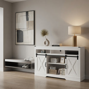 English Elm 58 Inch Farmhouse TV Stand with Rustic Sliding Barn Doors Adjustable Shelving Storage B082P514963