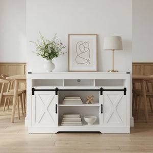 English Elm 58 Inch Farmhouse TV Stand with Rustic Sliding Barn Doors Adjustable Shelving Storage B082P514963