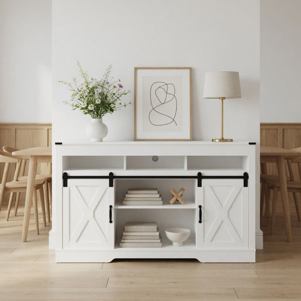 English Elm 58 Inch Farmhouse TV Stand with Rustic Sliding Barn Doors Adjustable Shelving Storage B082P514963