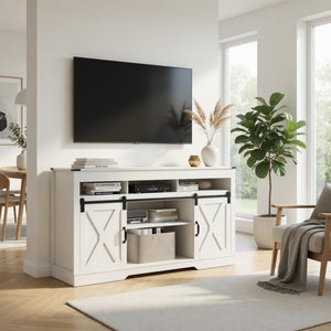 English Elm 58 Inch Farmhouse TV Stand with Rustic Sliding Barn Doors Adjustable Shelving Storage B082P514963