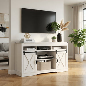 English Elm 58 Inch Farmhouse TV Stand with Rustic Sliding Barn Doors Adjustable Shelving Storage B082P514963