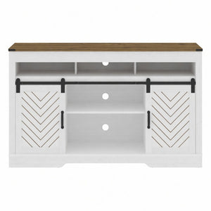 English Elm 58" Farmhouse Tv Stand with Sliding Barn Doors Ivory Oak Two-tone Media Storage B082P514964