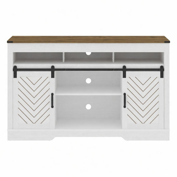 English Elm 58" Farmhouse Tv Stand with Sliding Barn Doors Ivory Oak Two-tone Media Storage B082P514964