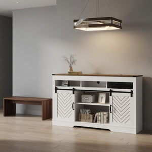 English Elm 58" Farmhouse Tv Stand with Sliding Barn Doors Ivory Oak Two-tone Media Storage B082P514964