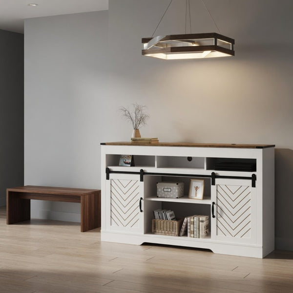 English Elm 58" Farmhouse Tv Stand with Sliding Barn Doors Ivory Oak Two-tone Media Storage B082P514964