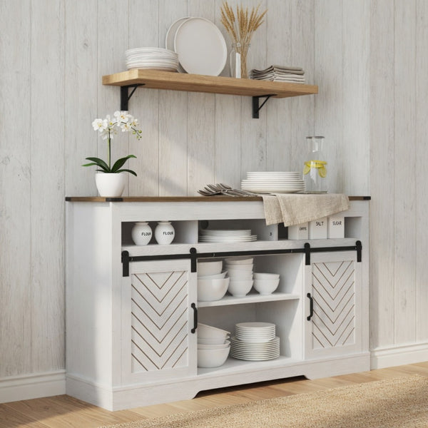 English Elm 58" Farmhouse Tv Stand with Sliding Barn Doors Ivory Oak Two-tone Media Storage B082P514964