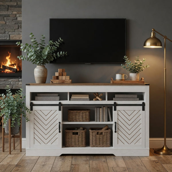 English Elm 58" Farmhouse Tv Stand with Sliding Barn Doors Ivory Oak Two-tone Media Storage B082P514964