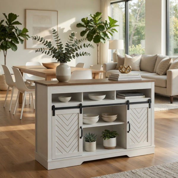 English Elm 58" Farmhouse Tv Stand with Sliding Barn Doors Ivory Oak Two-tone Media Storage B082P514964