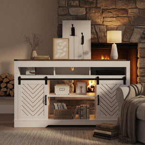 English Elm 58" Farmhouse Tv Stand with Sliding Barn Doors Ivory Oak Two-tone Media Storage B082P514964